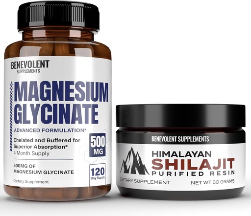 [BRSROCQCOACR6ADX] Glicinat de magneziu Premium 500mg Capsule & Himalayan Shilajit Resin - (8 luni de aprovizionare + Formula de absorbţie ridicată) Glicinat Chelated Buffered - 85+ Trace Minerals for Energy, Performance, Immune S
