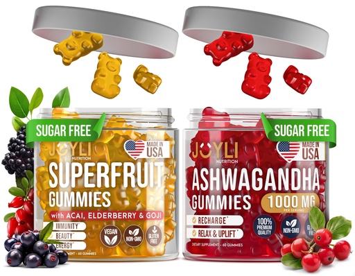 [BRSRA2T6BYIBUCQ4] Joyli Ashwagandha & Superfruit Gummies Bundle – Mind & Body Balance + Daily Wellness Support – Vegan Multivitamin Formula with Goji, Elderberry, Vitamin C, D & Zinc – 2 Pack for Adults