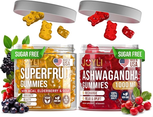 [BRSRA2T6BYIBUCQ4] Joyli Ashwagandha & Superfruit Gummies Bundle – Mind & Body Balance + Daily Wellness Support – Vegan Multivitamin Formula with Goji, Elderberry, Vitamin C, D & Zinc – 2 Pack for Adults