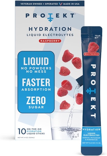 [BRSWYCYHA57Q2GQ6] PROTEKT Electrolyte Packets para la recuperación " Hydration ¦ Organic " Sugar-Free Electrolytes Drinks TEN Works Faster Than Powder Drink ← On-The-Go Liquid Hydration Drink ¦ Raspberry, 10 Pack