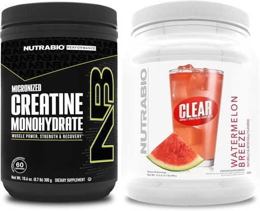 [BRSROCD6CINWKC3G] NutraBio Creatine Monohydrate, Unflavored, (300 g) and Clear Whey Protein Isolate, (Watermelon Breeze) Supplement Bundle – Muscle Energy, Maximum Growth, Recovery, and Strength
