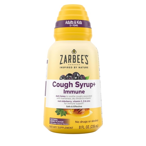 [BRSWGGL3DMNQMAIU] Zarbee's Naturals Complete Daytime Cough Syrup + Immune with Dark Honey, Real Elderberry, Vitamin C, D & Zinc, 8 oz Bottle
