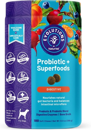 [BRSRMYL4PMNGK3AV] NaturVet Evolutions Probiotic & Superfoods 90ct Soft Chews for Dogs - Prebiotic & Probiotic Blend, Digestive Enzymes, Bone Broth, Omega's - Nourishes Natural Gut Bacteria and Intestinal Microflora