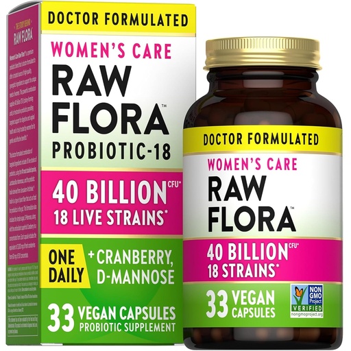 [BRSRAYAFBYOWA234] Raw Flora Women's Probiotics | Dr. Formulated 40 Billion CFU + Prebiotics | Digestive, Vaginal & Urinary Support | 33 Vegan Capsules with Cranberry & D-Mannose | Shelf Stable