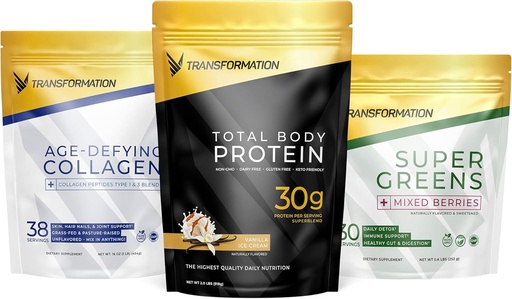 [BRSW2ZLQBYIQ4AI7] Transformation Vanilla Protein Pulver | 30G Multi-Protein Superblend + Grass-Fed hydrolysierte Collagen Peptide Pulver-Haar, Haut, Nägel + Bio Super Greens Superfood Pulver- Immun- und Energieunterstützung