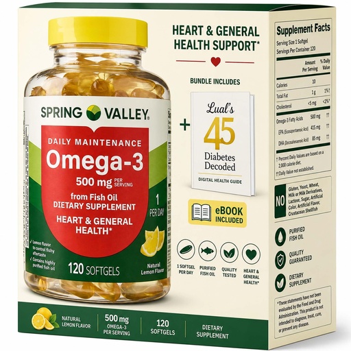 [BRSRMBL6BUOWGDTZ] Spring Valley Omega-3 from Fish Oil 500 mg 120 Count, SoftGels, General & Heart Health Dietary Supplement Bundle with Luall's 45 Diabetes Decoded