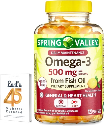 [BRSRMBL6BUOWGDTZ] Spring Valley Omega-3 from Fish Oil 500 mg 120 Count, SoftGels, General & Heart Health Dietary Supplement Bundle with Luall's 45 Diabetes Decoded