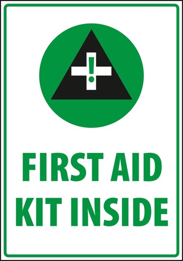 [BRSWYBQCDMDRSETK] Safety Sign, Warning - Caution first aid kit inside, Size 7 x 10 inch, White Vinyl