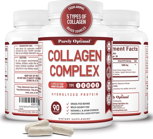 [BRSWGHT7C55BOFDB] Purely Optimal Premium Multi Collagen Peptides Capsules (Tipos I, II, III, V, X) - Cabelo, pel e unhas, Digestive & Joint Health Supplement, Hydrolyzed Collagen Pills (90 cápsulas)