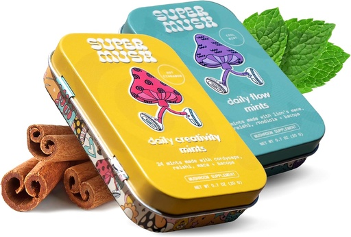 [BRSRA2YZBF6W2EIU] SuperMush Daily SuppleMint - 2 Flow & Focus Mints + 2 Creativity & Connection Mints - Mushroom Mint Supplements - Lions Mane, Cordyceps, and Reishi Mixed Mushrooms