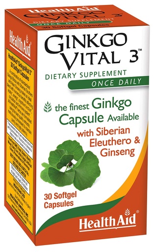 [BRSWIYAYCQAAI3TM] HealthAid Ginkgo Vital 3 – Once-Daily Softgel with Ginkgo Biloba, Siberian Eleuthero & Korean Ginseng | Supports Mental Clarity & Circulation | 30 Softgels