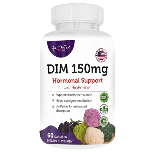 [BRSWGFILAUNRSFL6] Women’s DIM Complex 150mg - Bioperine Estrogen Balancing Pills for Menopause & Hot Flashes Relief Support Hormonal Acne Powerful Supplement - 60 Capsules - Made in USA