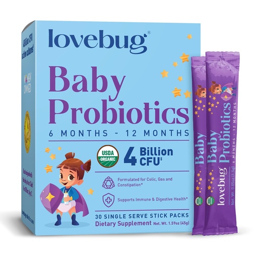[BRSWGZY6OIOQK2DA] LOVEBUG Award Winning USDA Organic Probiotic for Babies | Multi-Strain 4 Billion CFU | Easy-to-Take Powder | Sugar Free | Ages 6-12 Months | 30 Packets