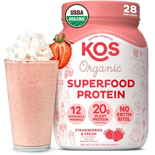 [BRSRAZQLOAAQKEL6] KOS Vegan Protein Powder, Strawberries & Cream USDA Organic - Low Carb Pea Protein Blend, Plant Based Superfood with Vitamins & Minerals, Gluten Free - Meal Replacement for Women & Men - 28 Servings