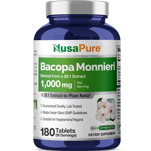 [BRSWGGQ6CIMQE2TH] NusaPure Bacopa Leaf Monnieri Capsules, 1000 mg, 180 Tablets (Non-GMO, Vegan)