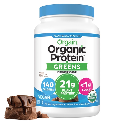 [BRSWGZIRAR7BEH37] Orgain Organic Vegan Protein Powder + Greens, Creamy Chocolate Fudge - 21g Plant Based Protein, Gluten Free, Dairy & Lactose Free, Soy Free, No Sugar Added, Iron & Prebiotics for Gut Health - 1.94lb