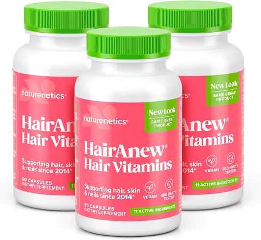 [BRSWGHD3CMGR4HY4] HairAnew Hair Growth Vitamins for Thicker strongerer Hair | Works for Women ' Men All Hair Types | 11 Hair Vitamins ' Ingredients | 5000mcg Biotin   Vegan | Independently Tested | 60 Capsules (3)