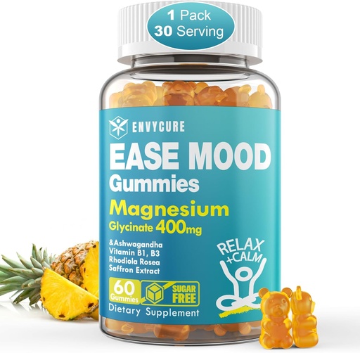 [BRSROYYLA4IRAF3V] Sugar Free Magnesium Glycinate Gummies 400mg with Ashwagandha, B1, B3, Rhodiola Rosea & Saffron for Support Rest, Mood & Energy Calm Magnesium Gummies for Adults, Chewable Magnesium Supplement, 60Ct