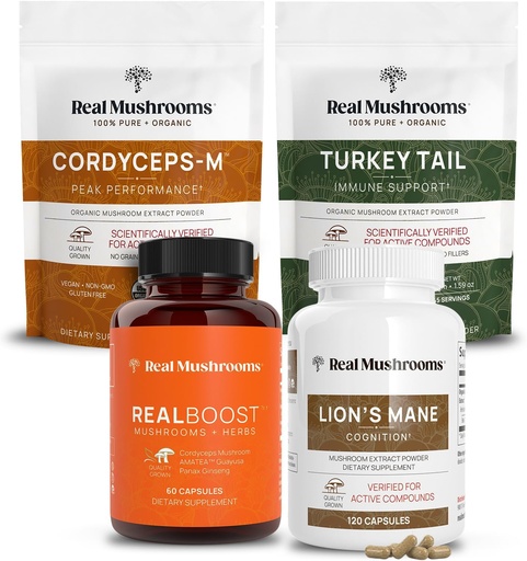 [BRSW2AIFPMBAI2Y7] Real Mushrooms RealBoost (60ct), Lions Mane (120ct), Cordyceps & Turkey Tail Mushroom Powder & Capsules Bundle - Mushroom Supplement for Energy, Vitality, Endurance & Cognition - Vegan, Non-GMO