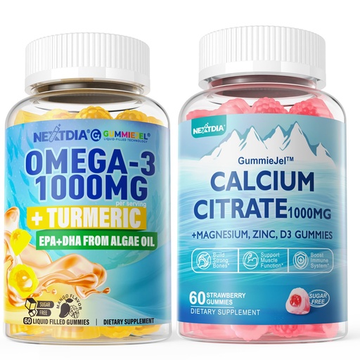 [BRSRAFL6CQARGEQ4] 1Pack Sugar Free Calcium Citrate, Magnesium Citrate & 1Pack Vegan Omega-3 Gummies 1000mg + Turmeric
