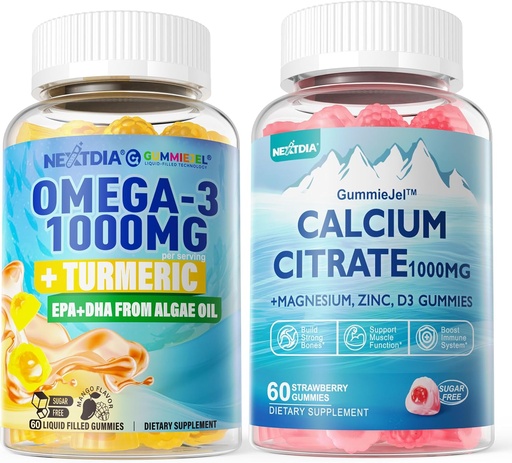 [BRSRAFL6CQARGEQ4] 1Pack Sugar Free Kaltsiumtsitraat, magneesiumtsitraat ja 1Pack Vegan Omega-3 Gummies 1000mg + Kurkum