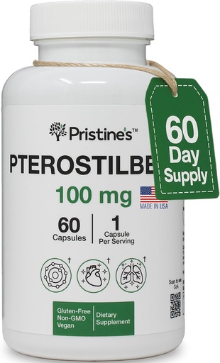 [BRSRAEA3C5YQIYLJ] PRISTINE Pterostilbene 100mg Anti Vieillissement Supplément Capsules - 60 jours d'approvisionnement - Santé pulmonaire et clarté mentale Antioxydant - Biodisponibilité élevée Vegan Non OGM