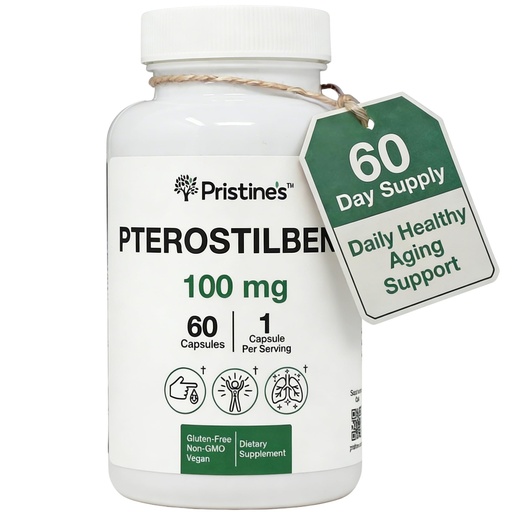 [BRSRAEA3C5YQIYLJ] PRISTINE'S Pterostilbene 100mg Anti Aging Supplement Capsules - 60 Day Supply - Lung Health & Mental Clarity Antioxidant - High Bioavailability Vegan Non GMO