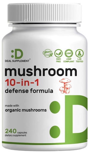 [BRSRMBIBPINQGGQU] Organic 10-in-1 Mushroom Supplement, 240 Capsules – Lions Mane, Turkey Tail, Reishi, Cordyceps & More Mushroom Complex – Immune, Energy & Nootropic Brain Support – Non-GMO