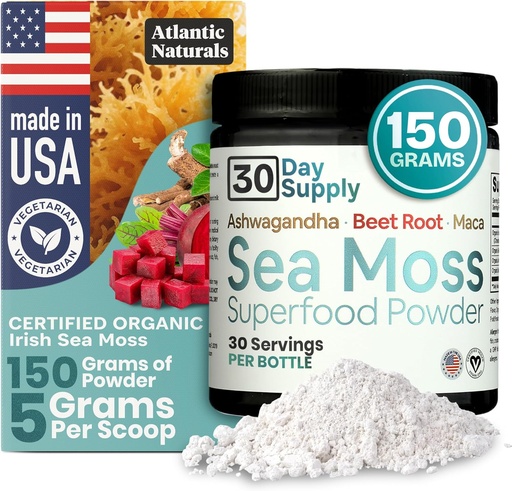 [BRSW2GD4AAHBEA3U] Atlantic Naturals Sea Moss Superfood Powder mit Ashwagandha, Beet Root und Maca Root - Sea Moss Powder unterstützt gesunde Haut, sportliche Leistung und positive Stimmung - Vanilla Flavor (150g)