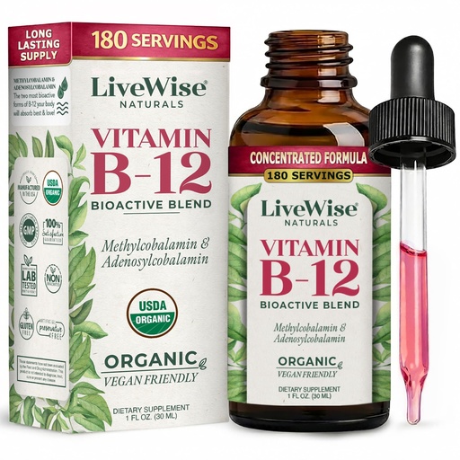 [BRSWKZYQA4PQA3IV] Organic Vitamin B12 1000 mcg Sublingual Liquid Drops For Adults, 6 Months Supply 1 oz, Methylcobalamin & Adenosylcobalamin - Bioactive Blend for Energy, Clarity & Focus - Vegan, Non-GMO, Unflavored