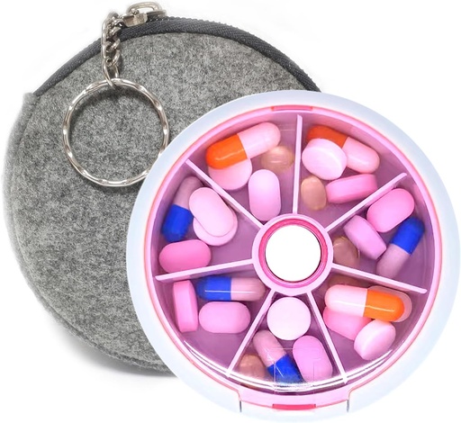 [BRSRAYY3PMPAMYLJ] Pill Organizer Travel Pill Case for Purse Portable Pill Box Round Weekiy Pill Container for Vitamin Fish Oil Pills supplements (Pink+Bag)