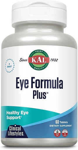 [BRSWIYTYCUPQIAD6] KAL Eye Formula Plus, Silmänhoito ja Vision lisäravinteet aikuisille, silmävitamiinit Lutein ja Zeaksantiini, Plus Mustikkauute, Goji ja mustikkauute, 60 päivän takuu, 15 tarjoilua, 60 tablettia