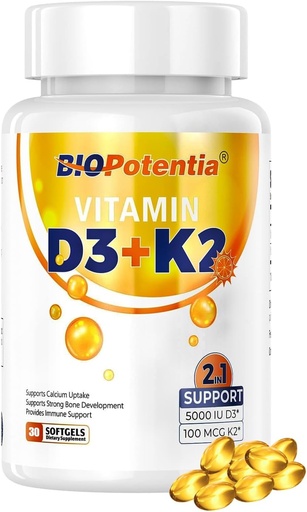 [BRSRABQBO4CAEYL5] Vitamin D3 K2 dengan Suplemen Minyak MCT, Vitamin D3 5000 IU & K2 100MCG (MK7), Pasokan Imune, Bone & Teeth Health - Gluten Free Non-GMO - 30 Softgeels