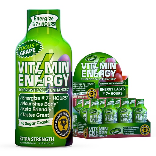[BRSRAHAHBENAIAIY] Vitamin Energy Focus+ Extra Strength Energy Shot Grape 12 Pack, 260mg Natural Caffeine, B-Vitamins, CoQ10, Amino Acids, Focus, Productivity & Clarity, Zero Sugar, Gluten-Free, 1.93 fl oz