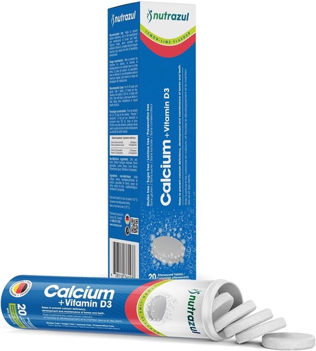 [BRSWYZITOQBAG23V] nutrazul Calcium + Vitamin D3 Effervescent Tablets | 20 Tablets | Supports Bone Health & Maintenance | for Adults & Kids | Lemon-Lime Flavor