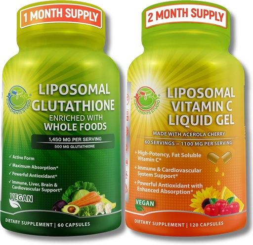 [BRSRAYLYCF7AKE3Z] SUPPLEMENTS STUDIO Antioxidant, Cellular & Immune Support Bundle – Liposomal Glutathione 500mg with Organic Whole Foods + Liposomal Vitamin C 1100mg with Organic Acerola Cherry