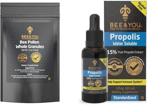 [BRSROA3RCQNBAFDK] BEE and You Bundle, Bee Pollen Granules, 5oz Bag, su 100% Natūralus propolio ekstraktas lašai, Ultra Pure, Immunal Support Additive, Superfood, Antipxidants, Vitaminai,
