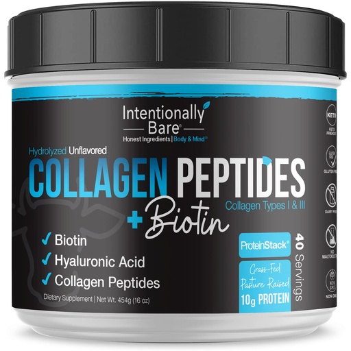 [BRSWYYIBBV6RSAA2] Intentionally Bare Grass Fed Hydrolyzed Collagen Peptides Powder - Bovine Collagen Powder – with Biotin, Hyaluronic Acid, Vitamin C & Zinc - Peptides I & III – 10g Protein -Unflavored - 40 Servings