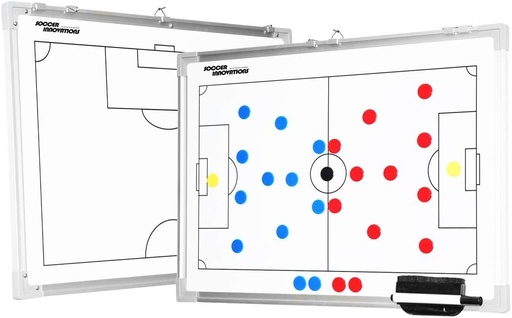 [BRSWGZYECICBE23F] Soccer Innovations Double Sided Aluminum Magnetic Coaches Tactic Board with Wall Hanging Clips | Player Magnets & Pen Included | Dry Erase Board | Full Field & Half Field