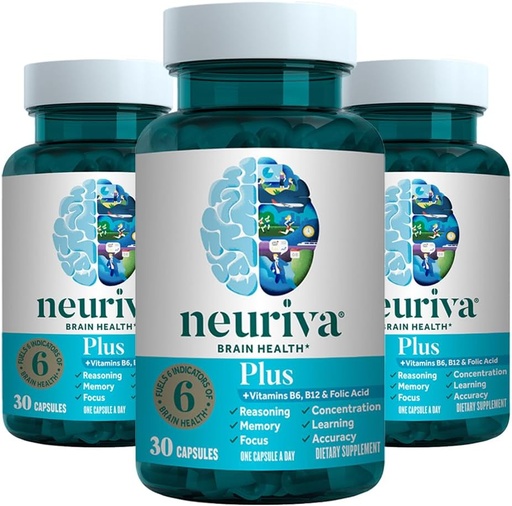 [BRSWGA33CR6BYGTU] NEURIVA Plus Brain Add for Memory, Focus & Concentration + Kliniki test Nootropics Fosphatidylserine və Nevrzu, VIT B6 & B12, 30 Count Capsules (3 Paket)