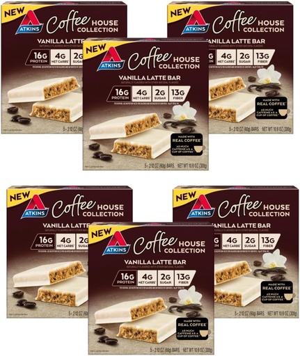 [BRSRAHYBO5YQODTH] Atkins Coffee House Meal Bar, Vanilla Latte, 16g Protein, 4g Net Carbs, 2g Sugar, 13g Fiber, Made with Real Coffee, 5 Count (Pack of 6)