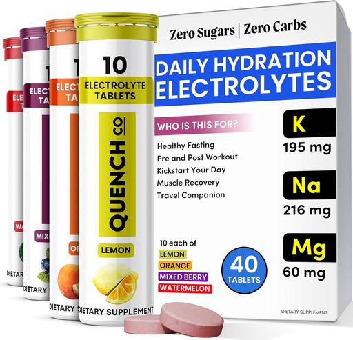 [BRSRAGQNDEIR4GQ3] Quench Electrolyte Tablets 40 Count Instant Hydration, Electrolytes, Fasting Electrolytes No Sugar for Optimal Hydration Support Not Powder - Watermelon, Orange, Mixed Berry, Lemon Flavors