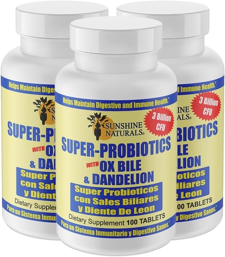 [BRSROA32CJ6AEA3A] Sunshine Naturals Super Probiotics Supplement. Improves Digestion, Gut Health, Immune System Support, and Healthy Bowel Function. Promotes Healthy Flora and Balance. 100 Capsules. Pack of 3