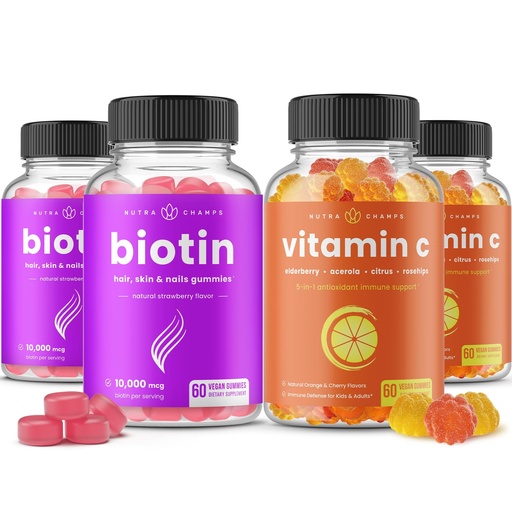 [BRSROGACDMPRM3YV] NutraChamps Biotin Gummies (2 Pack) and Vitamin C Gummies (2 Pack) 4 Pack Bundle
