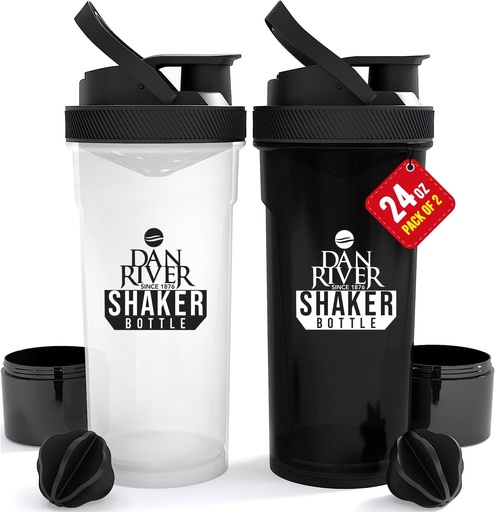 [BRSROCAPOJ7GK2DH] DAN RIVER 2-Pack Shaker Bottle | 24oz Plastic Protein Shaker & Mixer | Twist & Lock Design for Smoothies & Protein Mixes | Durable, Leak-Proof, Easy to Clean | Clear & Black Shaker Bottles for Gym