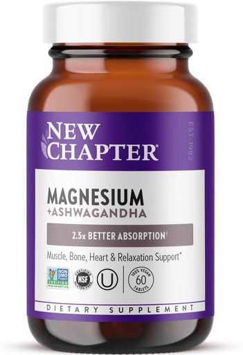[BRSW2HTQOUHAKCDH] Nowy rozdział Magnezu + Aszwagandha Suplement, 325 mg z Magnezu Glicynian do Relaksacji Mięśnie i Odzyskiwania, Serce, Nerve & Bone Health, 2.5X Wchłanianie, Non-GMO - 60 ct (2-miesięczne dostawy)
