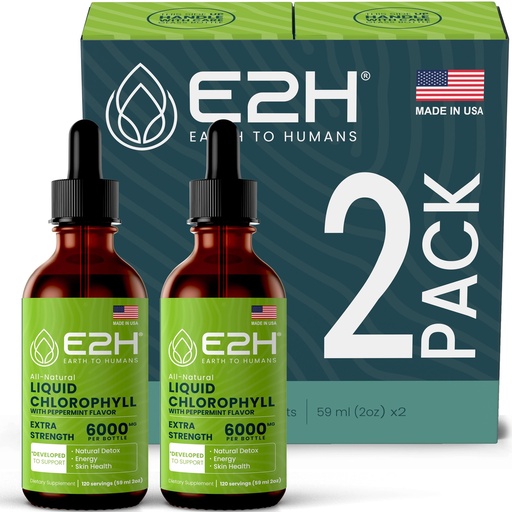 [BRSRMAI3OQFAM3LL] E2H Chlorophyll Liquid Drops - Natural Energy Booster, Immune System Support and Internal Deodorant - Peppermint Flavor - (2 Bottles)