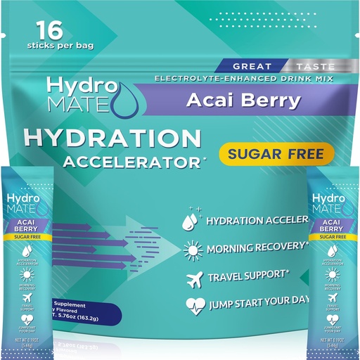[BRSRAZQ3OR6QGHYU] Electrolyte Powder Sugar-Free Hydration Packets Acai Berry HydroMATE 16 Sticks