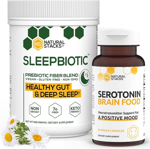 [BRSW2EIDBEJQG2D6] Natural Stacks Supplements Bundle - SleepBiotic Prebiotic Fiber (292g) + Serotonin Supplement (60caps) - for Mood & Energy Boost, Mental Health, Gut Health and Better Sleep
