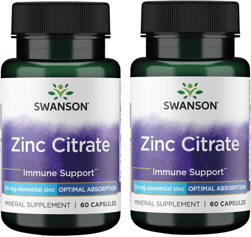 [BRSWGFD3CUFQKCQ6] Swanson Zinc Citrate - Mineral Supplement Promoting Healthy Vision & Immune System Health - Natural Formula Supporting Overall Wellness - (60 Capsules, 50mg Each) (2 Pack)